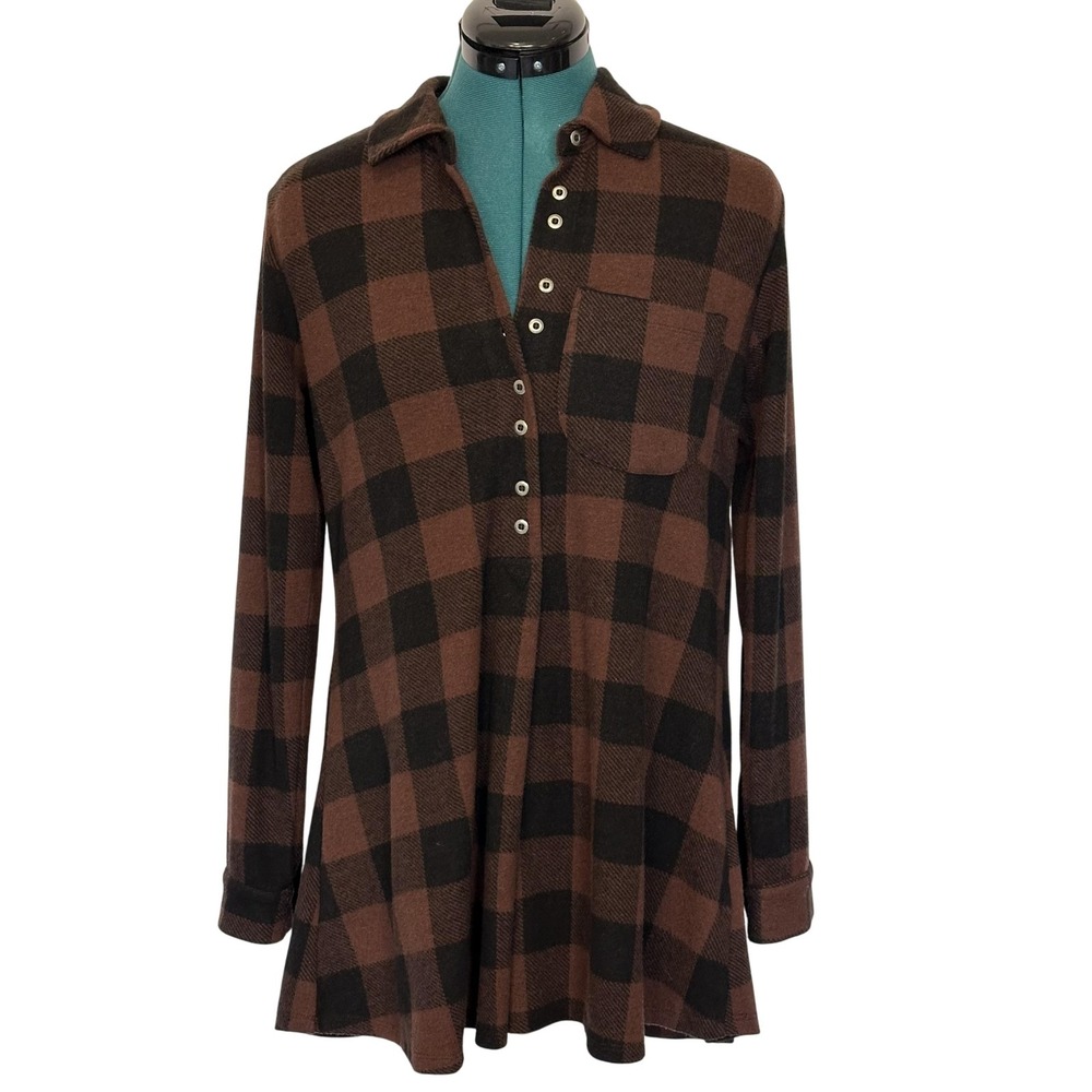 Soft Surroundings Shirt Womens XS Brown‎ Black Plaid Long Tunic Henley Top Cozy